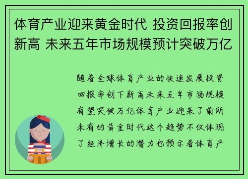 体育产业迎来黄金时代 投资回报率创新高 未来五年市场规模预计突破万亿